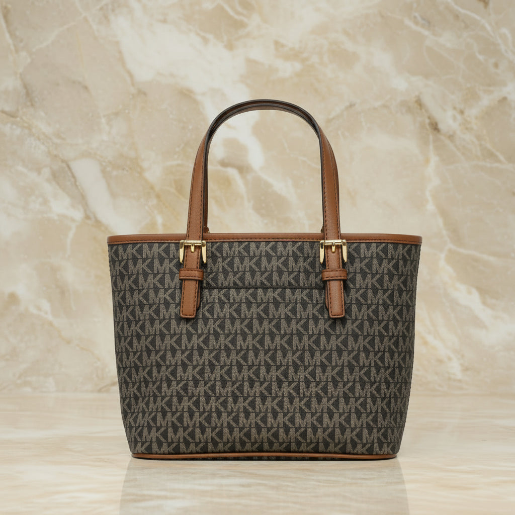 MICHAEL KORS XS JET SET CARRYALL TRAVEL ZIP TOTE - BLACK - BROWN MULTI WITH A TOUCH OF METTALIC GOLD