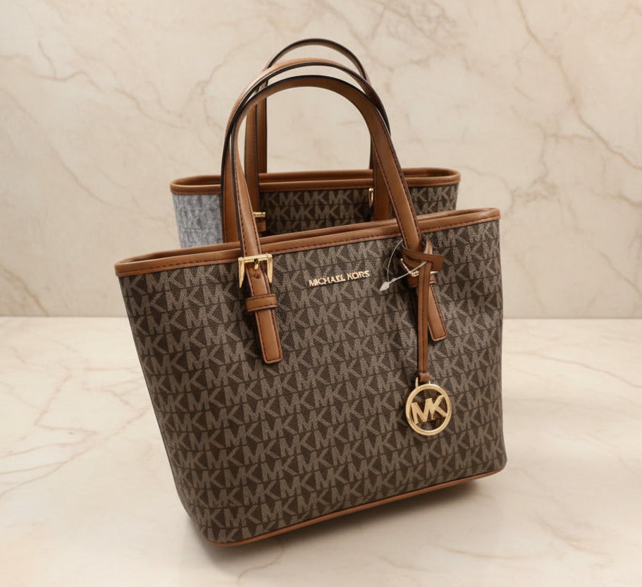 MICHAEL KORS XS JET SET CARRYALL TRAVEL ZIP TOTE - BLACK - BROWN MULTI WITH A TOUCH OF METTALIC GOLD
