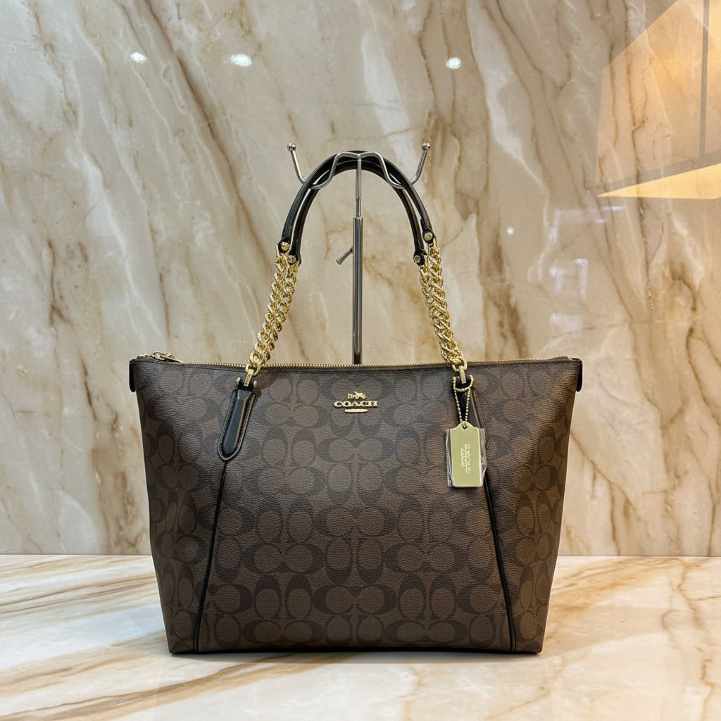 COACH AVA LARGE ZIP TOP TOTE IN SIGNATURE BLACK BROWN