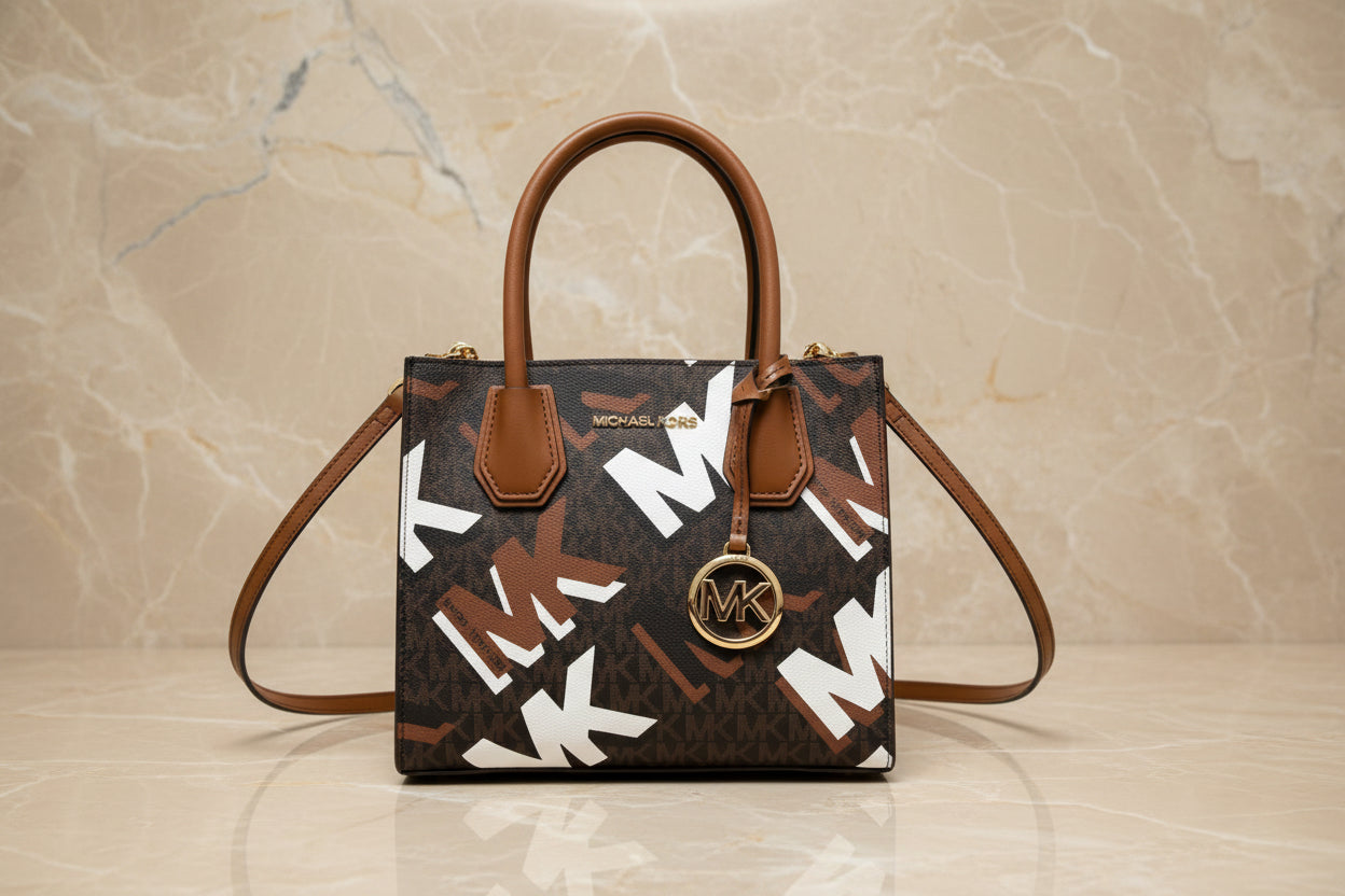 MICHAEL KORS MERCER MEDIUM MESSENGER BAG - LUGGAGE MULTI GRAPHIC LOGO