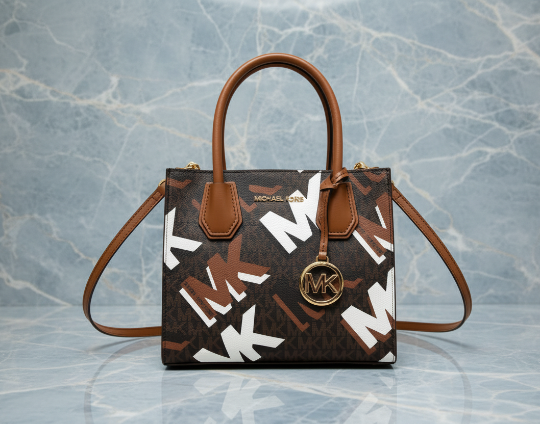 MICHAEL KORS MERCER MEDIUM MESSENGER BAG - LUGGAGE MULTI GRAPHIC LOGO