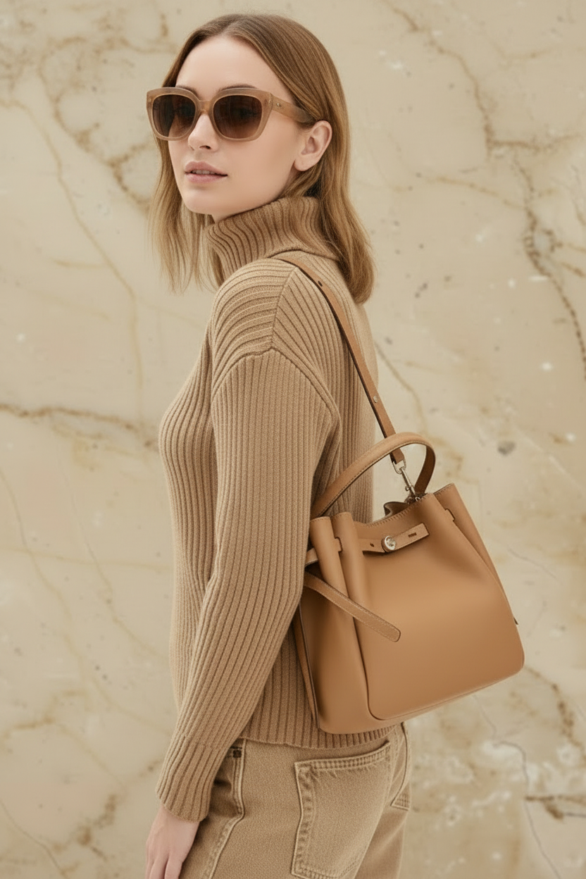 SALE!!! WITH CREASE IN FRONT DUE TO CARGO HANDLING - TORY BURCH SMALL ROMY BUCKET - BROWN