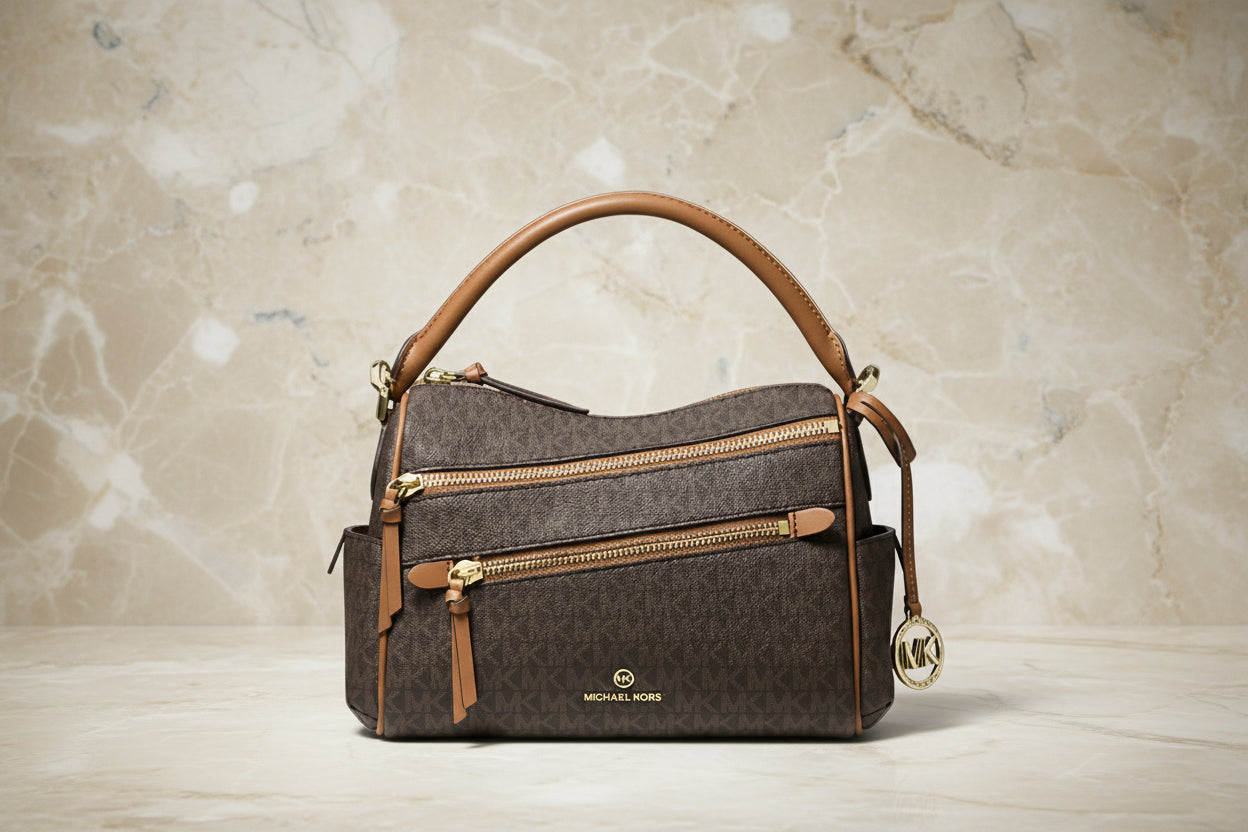 MICHAEL KORS LORIMER SATCHEL IN SIGNATURE BROWN ACORN - MEDIUM ( FROM BOUTIQUE STORE )