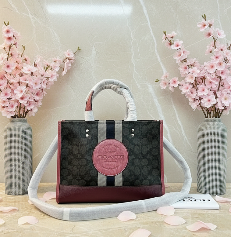 COACH DEMPSEY TOTE CARRYALL MEDIUM IN SIGNATURE JACQUARD CANVAS CENTER STRIPE STRAWBERRY HAZE