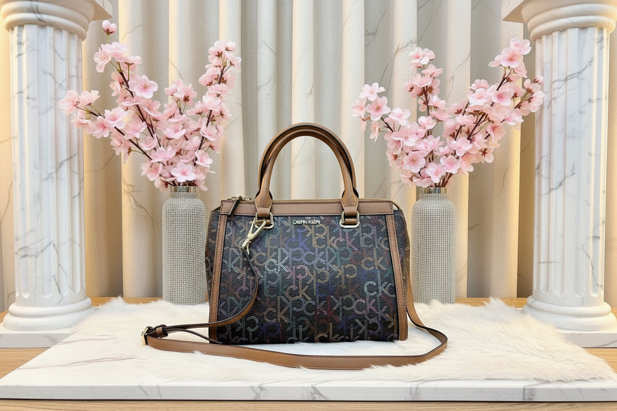 CALVIN KLEIN BUNDLE BAG & LONG WALLET JANAE SATCHEL CROSSBODY BAG IN SIGNATURE BROWN