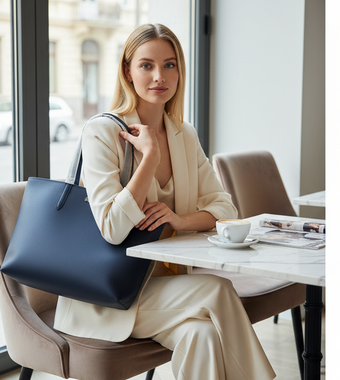 LACOSTE LARGE TOTE WITH LARGE POUCH - REVERSIBLE - NAVY BLUE