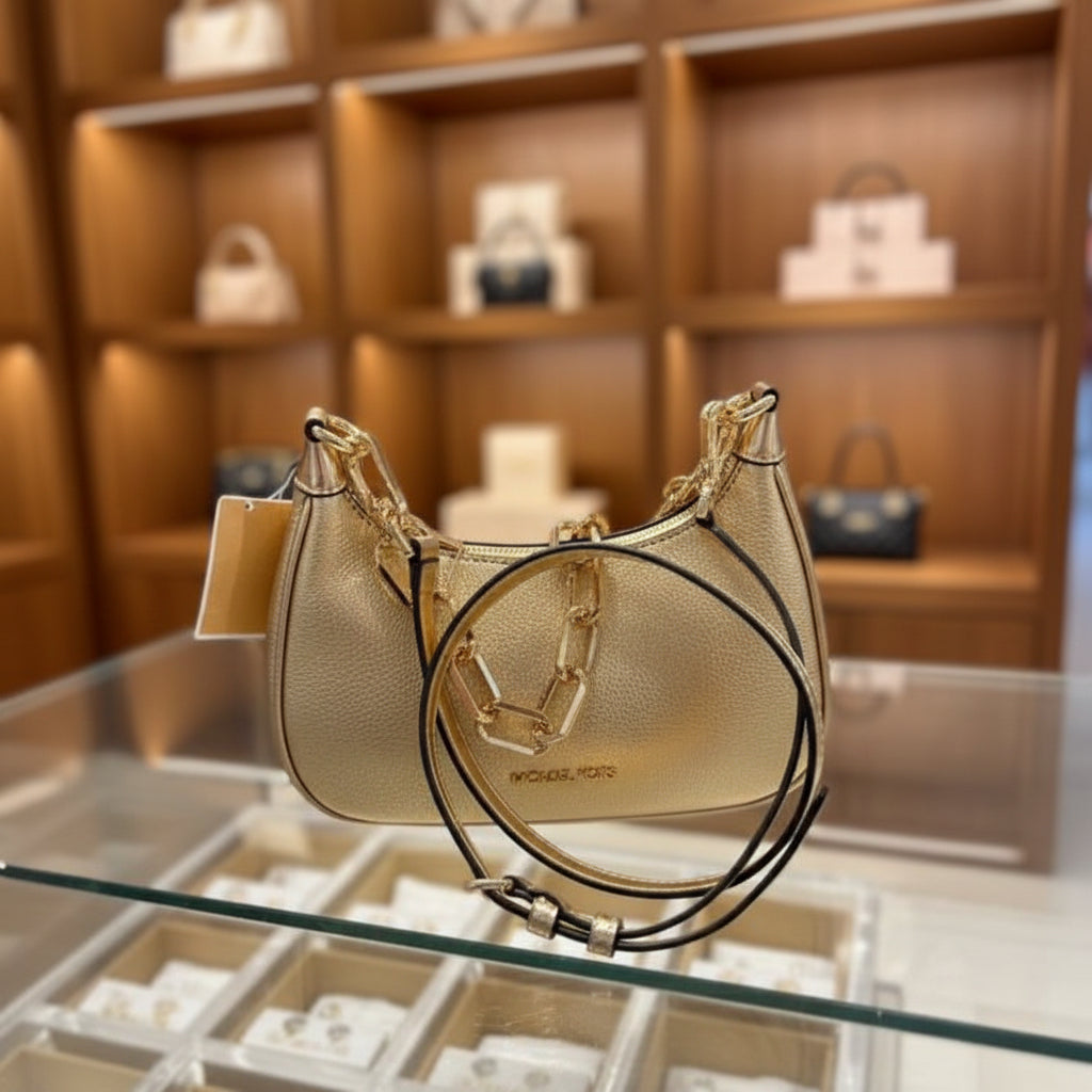 MICHAEL KORS MINI CORA CHAIN SHOULDER BAG/CROSBODY BAG - METTALIC PEBBLE GOLD