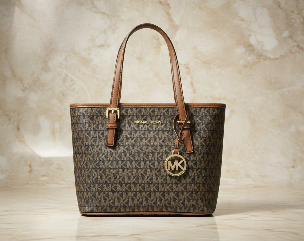 MICHAEL KORS XS JET SET CARRYALL TRAVEL ZIP TOTE - BLACK - BROWN MULTI WITH A TOUCH OF METTALIC GOLD