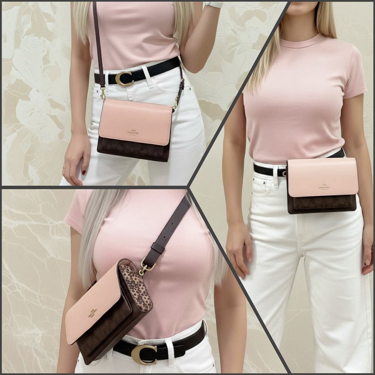 COACH FOLDOVER 3 in 1 BELTBAG/CROSSBODY/BODY BAG - SHELL PINK SIGNATURE SNAKE EMBOSSED