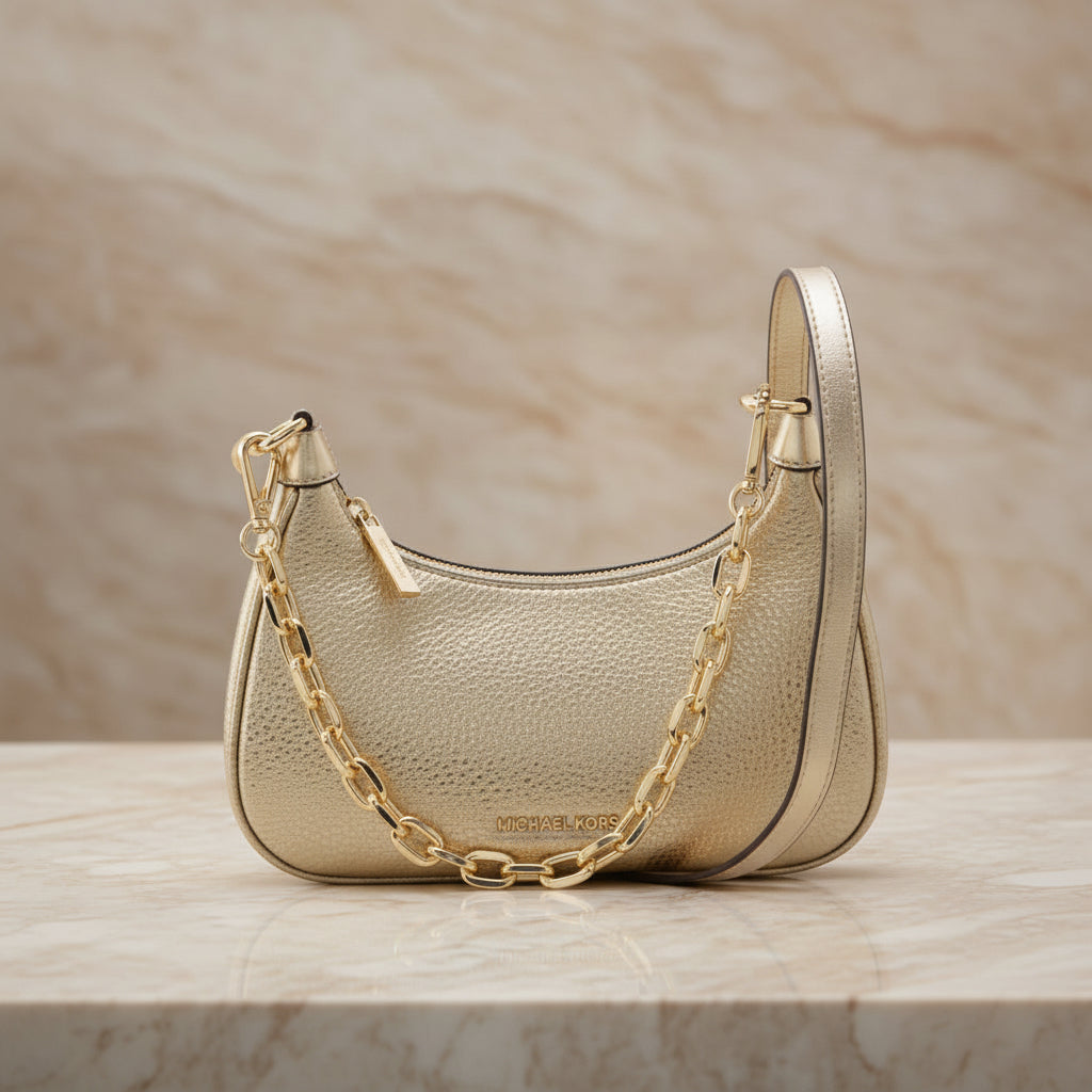 MICHAEL KORS MINI CORA CHAIN SHOULDER BAG/CROSBODY BAG - METTALIC PEBBLE GOLD