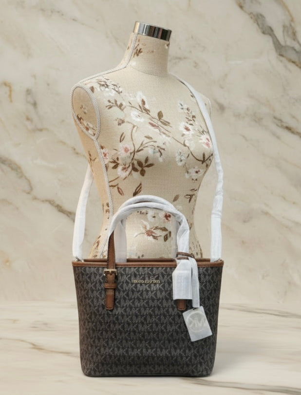 MICHAEL KORS XS JET SET CARRYALL TRAVEL ZIP TOTE - BLACK - BROWN MULTI WITH A TOUCH OF METTALIC GOLD