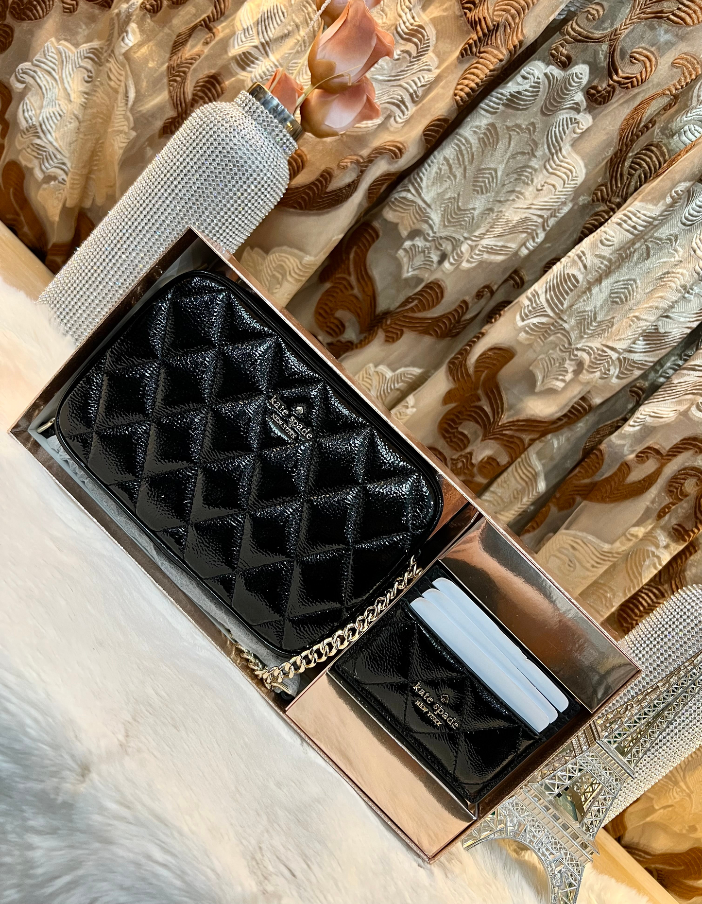 KATE SPADE. QUILTED LEATHER CROSSBODY & SLIM CARD CASE BOXED
