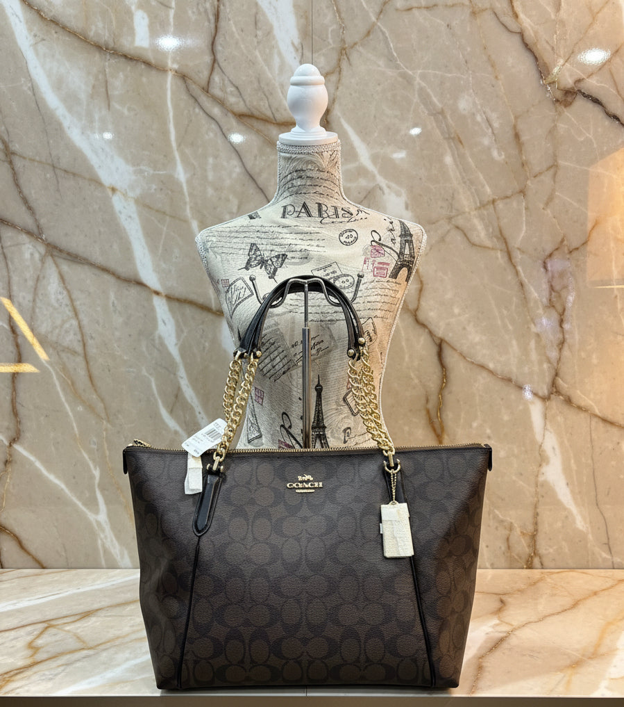 COACH AVA LARGE ZIP TOP TOTE IN SIGNATURE BLACK BROWN