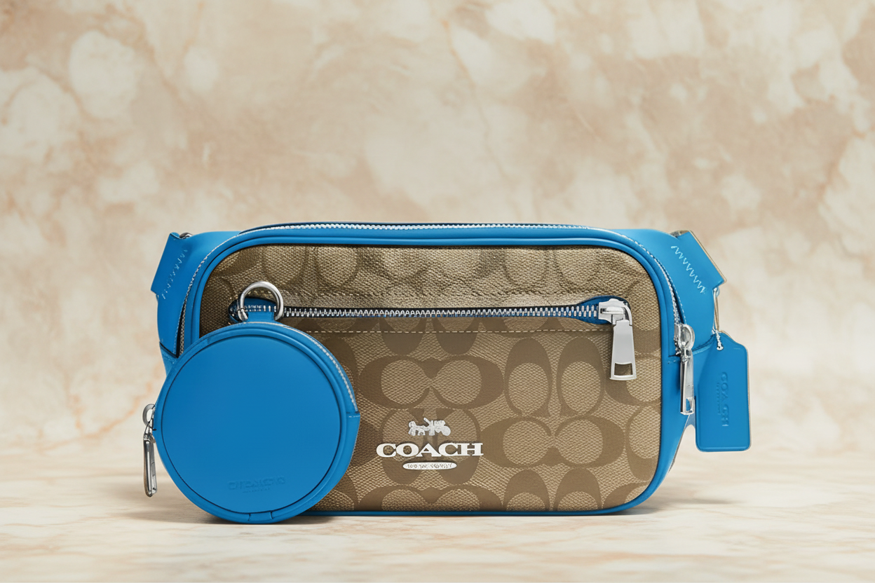 حقيبة خصر/حقيبة صدر/حقيبة جسم من كوتش إلياس، مصنوعة من قماش مميز بألوان متداخلة - كاكي/أزرق سباق