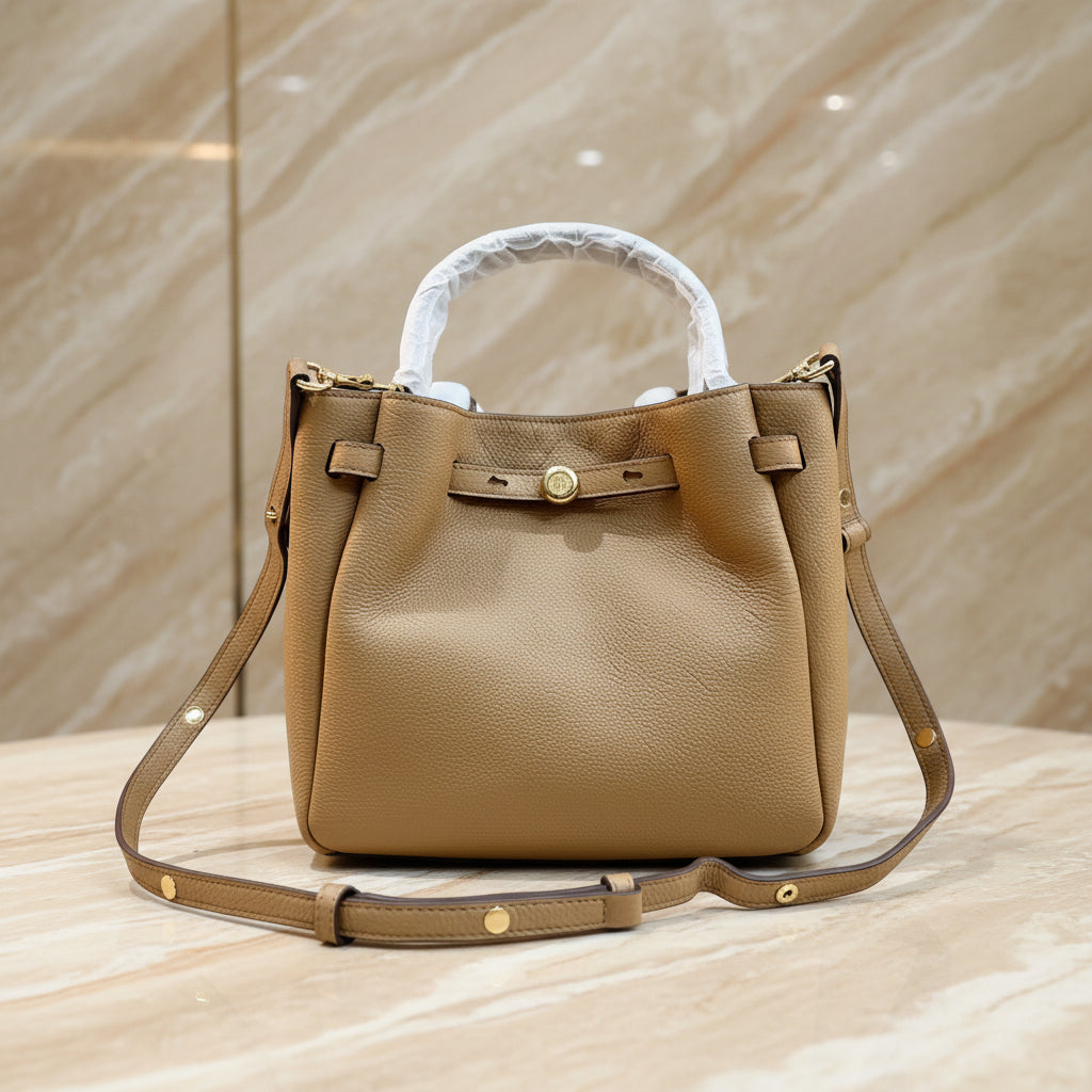 SALE!!! WITH CREASE IN FRONT DUE TO CARGO HANDLING - TORY BURCH SMALL ROMY BUCKET - BROWN