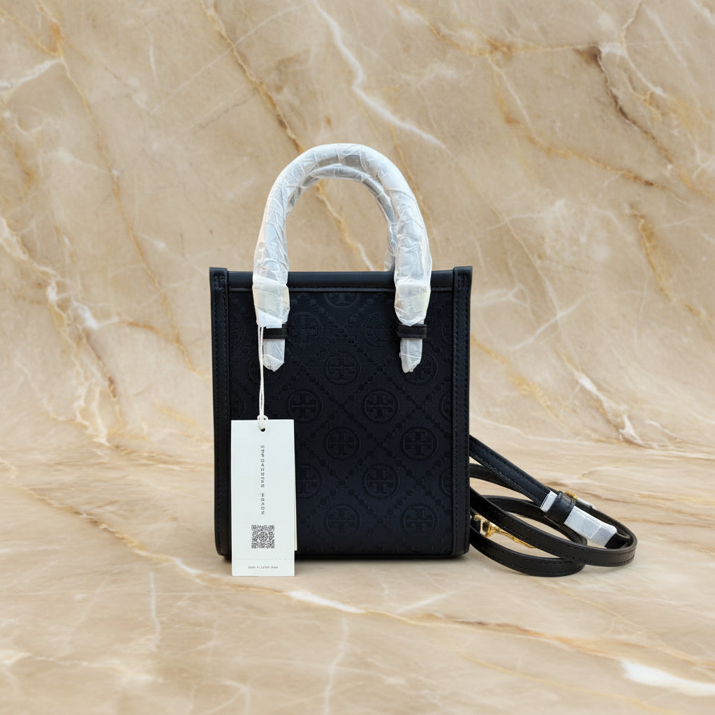TORY BURCH MINI JACQUARD T MONOGRAM TOTE BLACK