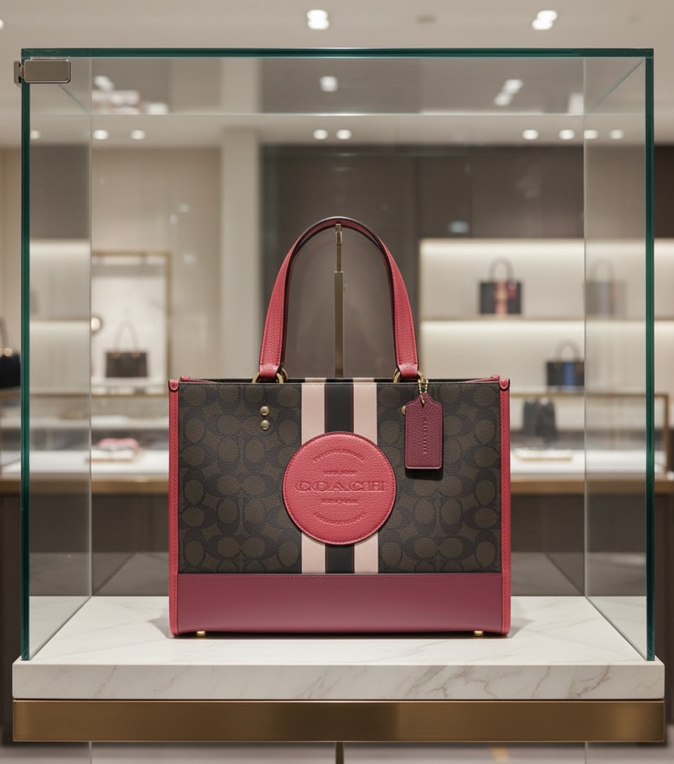 COACH DEMPSEY TOTE CARRYALL MEDIUM IN SIGNATURE JACQUARD CANVAS CENTER STRIPE STRAWBERRY HAZE