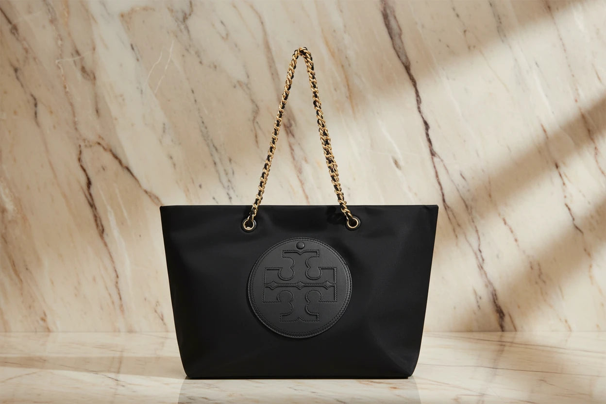 TORY BURCH ELLA PUPPY MAGNETIC CLOSURE CHAIN TOTE - BLACK