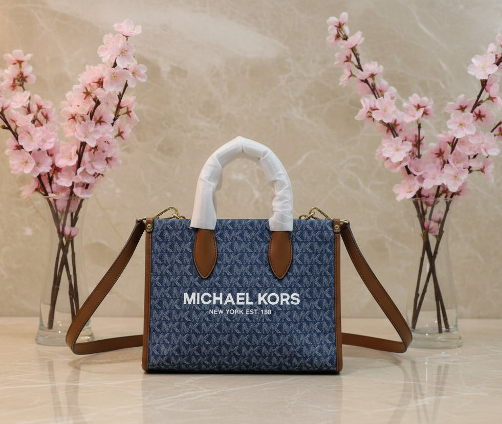 MICHAEL KORS MIRELLA SMALL SHOPPER TOP ZIP CROSSBODY BAG - DENIM MULTI LOGO