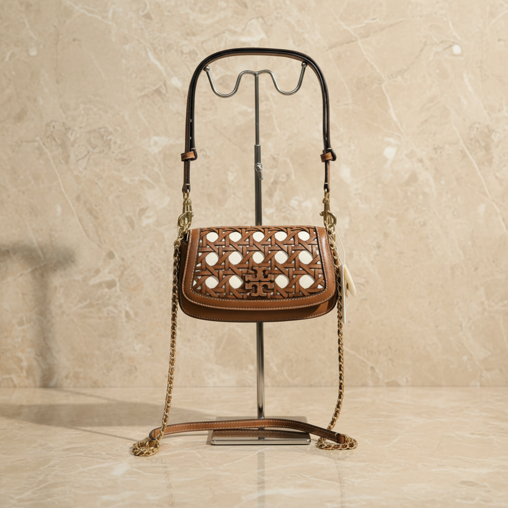 TORY BURCH BRITTEN  BASKET WEAVE CONVERTIBLE CRISSBODY/SHOULDER BAG - MOOSE COLOR