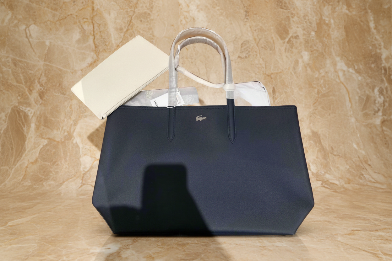 LACOSTE LARGE TOTE WITH LARGE POUCH - REVERSIBLE - NAVY BLUE