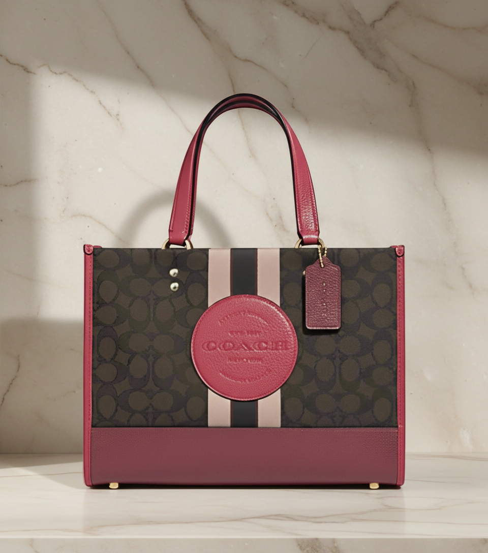 COACH DEMPSEY TOTE CARRYALL MEDIUM IN SIGNATURE JACQUARD CANVAS CENTER STRIPE STRAWBERRY HAZE