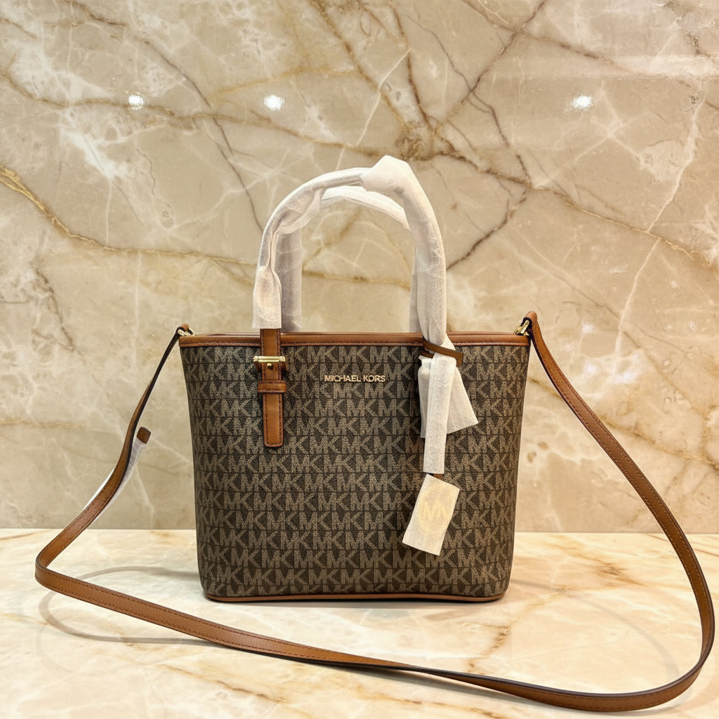 MICHAEL KORS XS JET SET CARRYALL TRAVEL ZIP TOTE - BLACK - BROWN MULTI WITH A TOUCH OF METTALIC GOLD