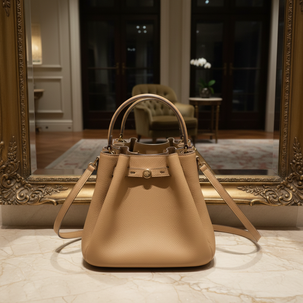 SALE!!! WITH CREASE IN FRONT DUE TO CARGO HANDLING - TORY BURCH SMALL ROMY BUCKET - BROWN