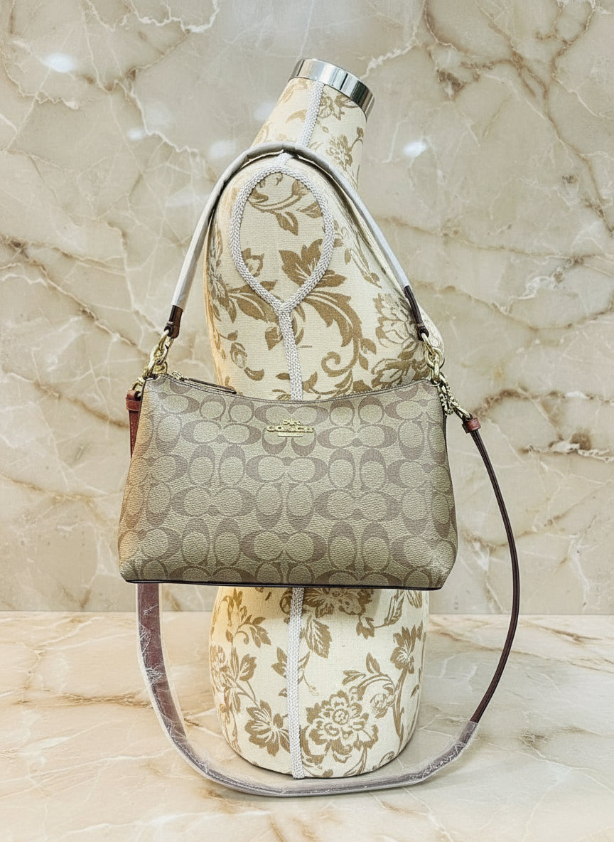 COACH BUNDLE LEWIS SHOULDER BAG/CROSSBODY BAG & ZIP AROUND WRISLET WALLET IN SIGNATURE CANVAS METTALIC CLAY LINING