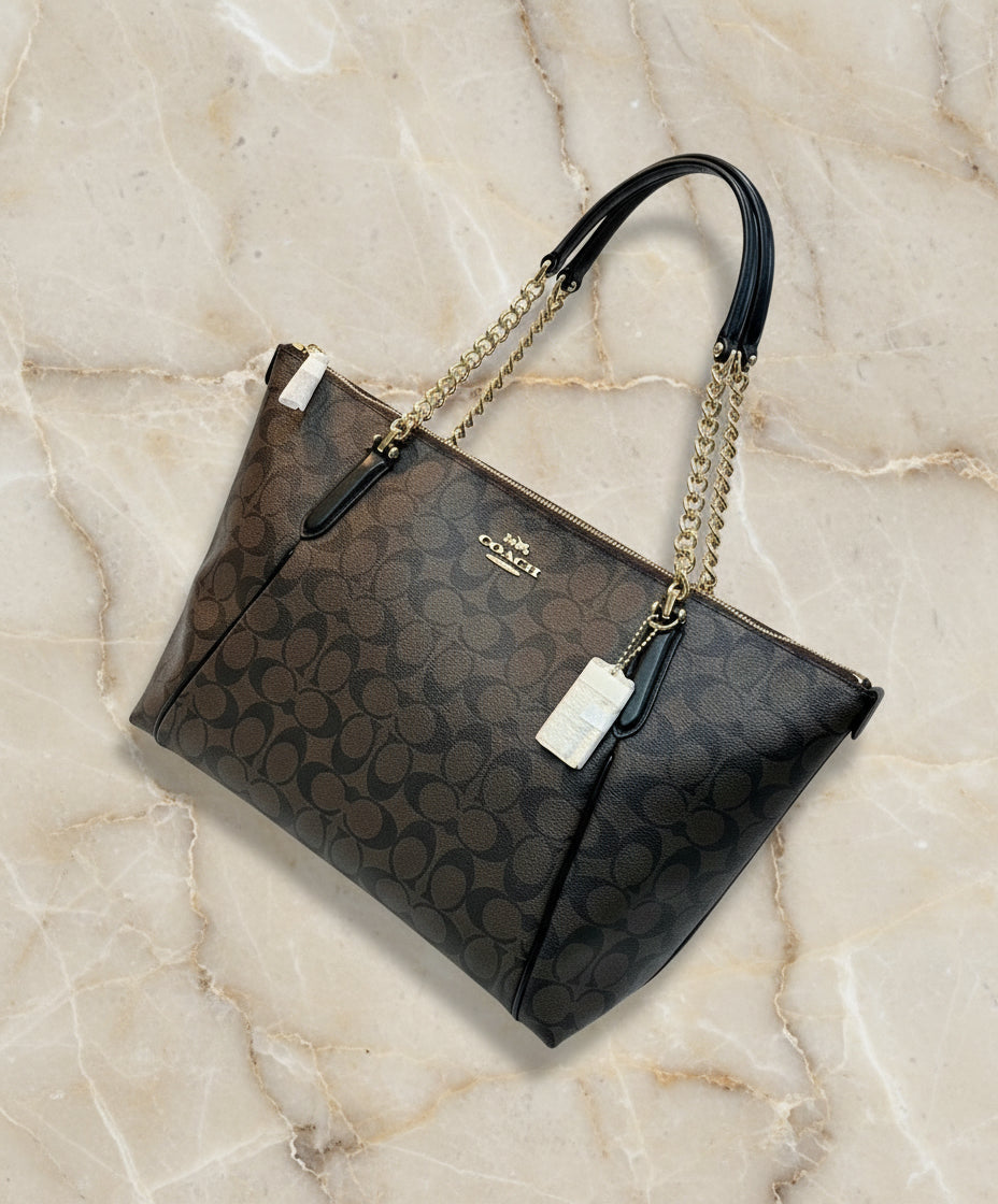 COACH AVA LARGE ZIP TOP TOTE IN SIGNATURE BLACK BROWN