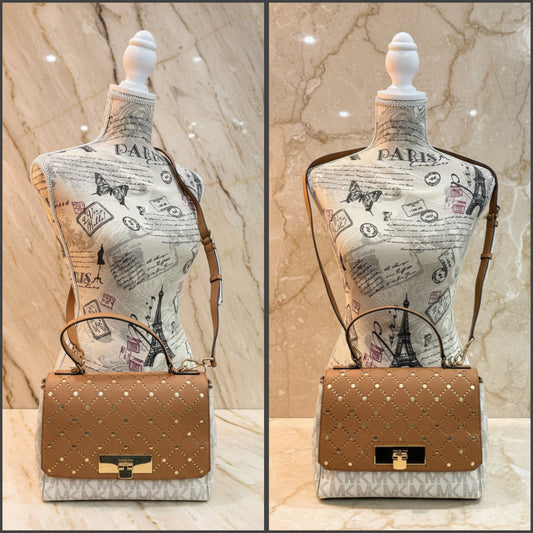 MICHAEL KORS CALLIE SATCHEL CROSSBODY IN SIGNATURE WHITE/BROWN/GOLD
