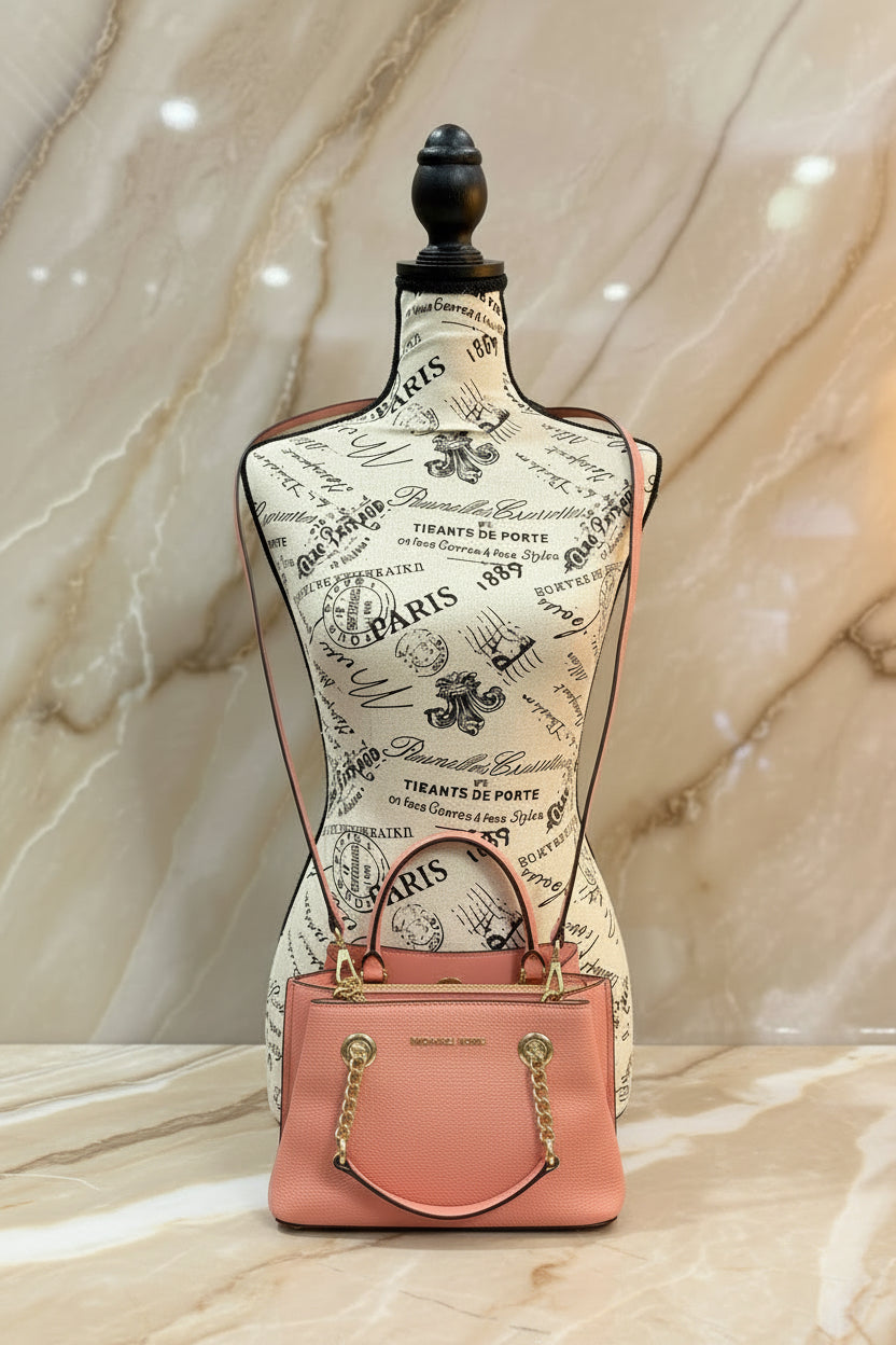 MICHAEL KORS SMALL TEAGEN LEATHER SATCHEL - PEACH