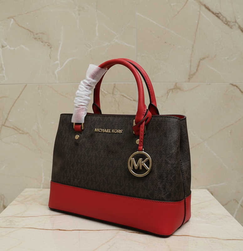 MICHAEL KORS SAVANNAH LARGE SATCHEL IN SIGNATURE BROWN/RED - SCARLET