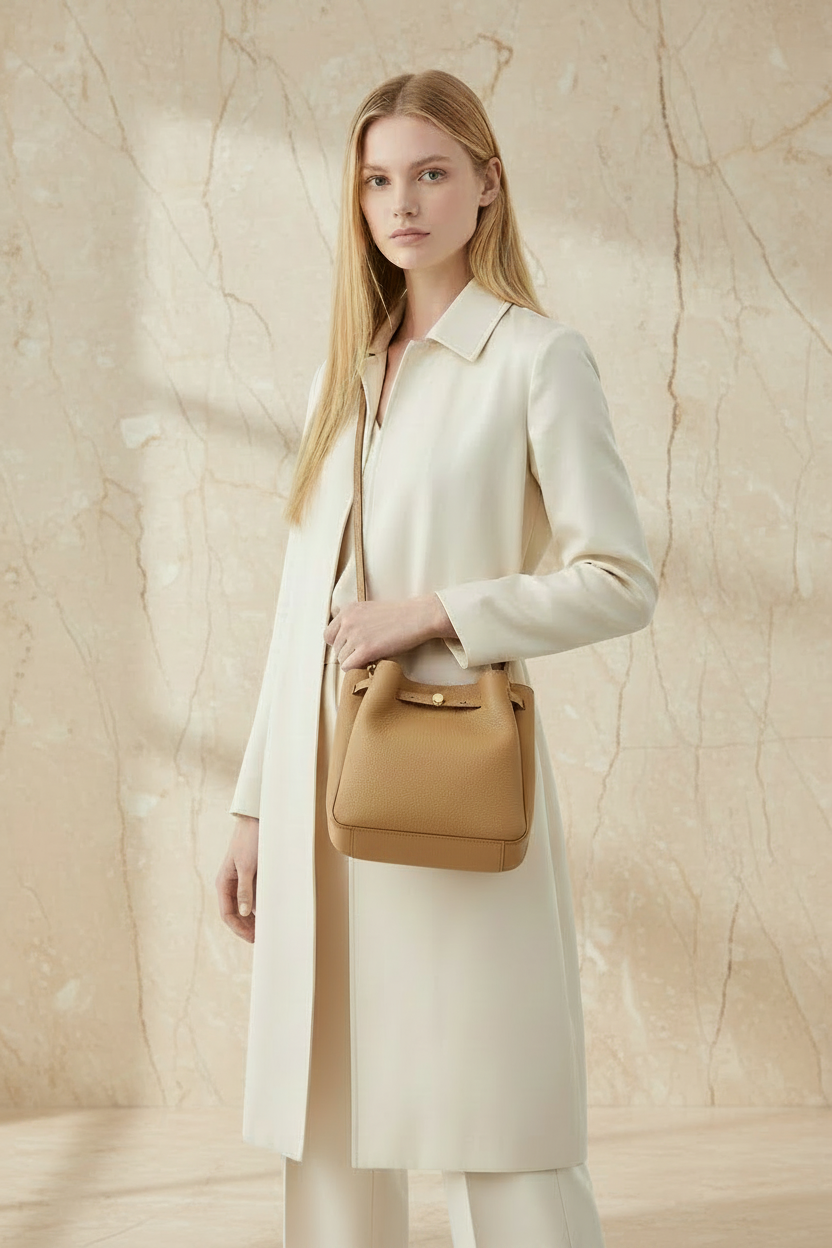SALE!!! WITH CREASE IN FRONT DUE TO CARGO HANDLING - TORY BURCH SMALL ROMY BUCKET - BROWN