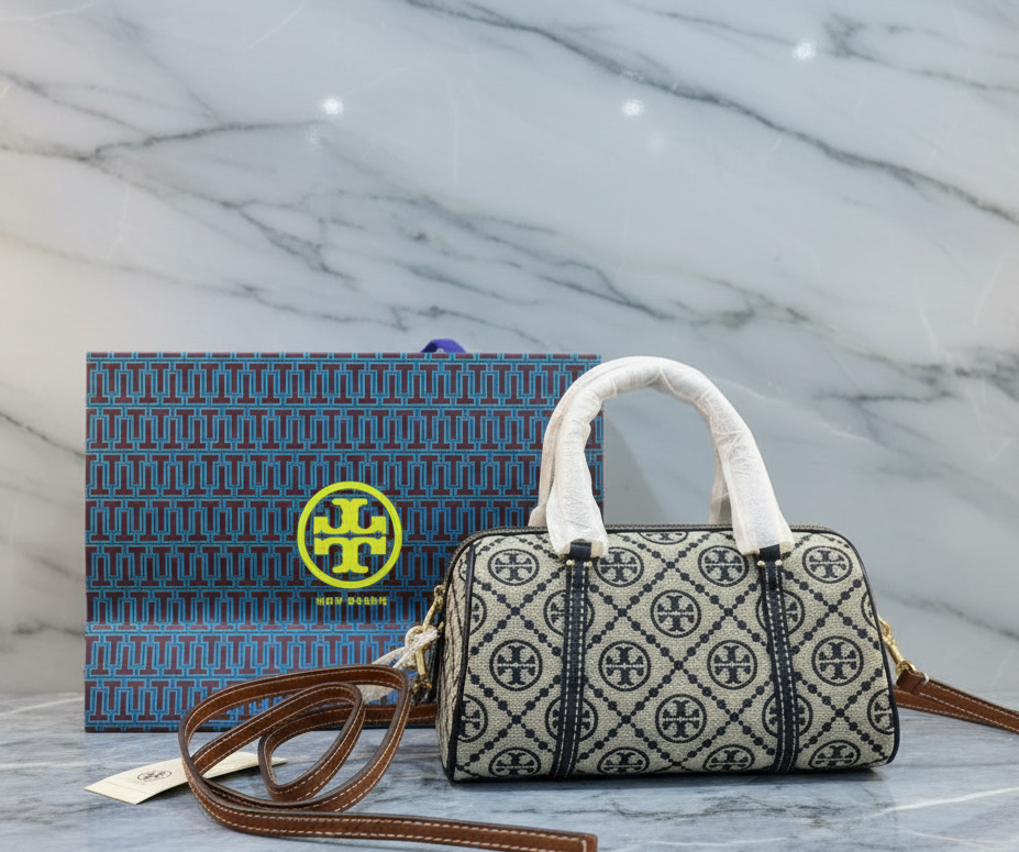 حقيبة توري بورش الصغيرة ذات الأسطوانة/إكس بودي - تي مونوجرام باللون الأزرق الداكن