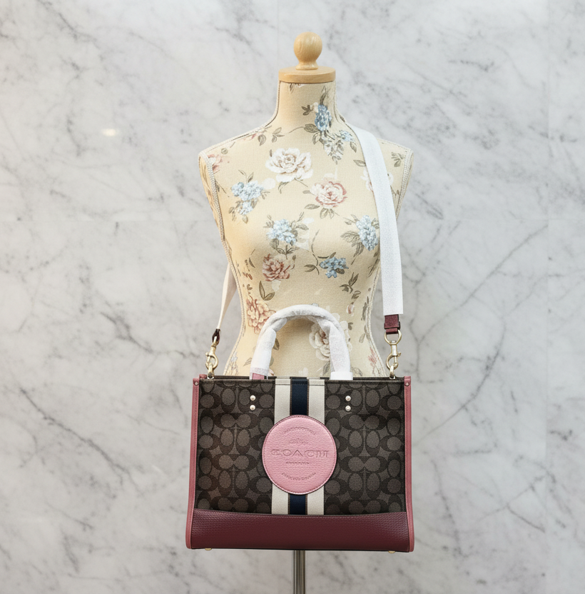 COACH DEMPSEY TOTE CARRYALL MEDIUM IN SIGNATURE JACQUARD CANVAS CENTER STRIPE STRAWBERRY HAZE