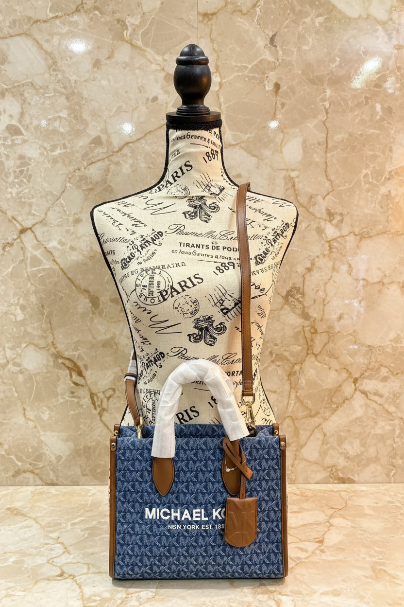 MICHAEL KORS MIRELLA SMALL SHOPPER TOP ZIP CROSSBODY BAG - DENIM MULTI LOGO