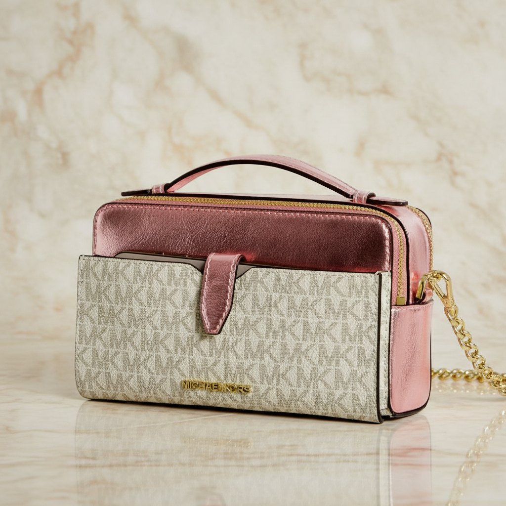 MICHAEL KORS SIGNATURE JET SET METALLIC PRIMEROSE DOUBLE ZIP SMARTPHONE CROSSBODY BAG