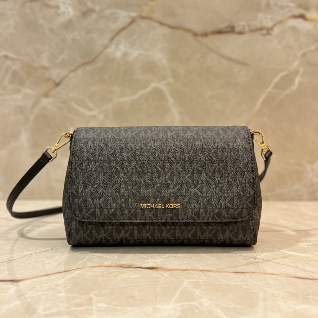 MICHAEL KORS LOGO FLAP CROSSBODY - MONOGRAM BLACK COLOR