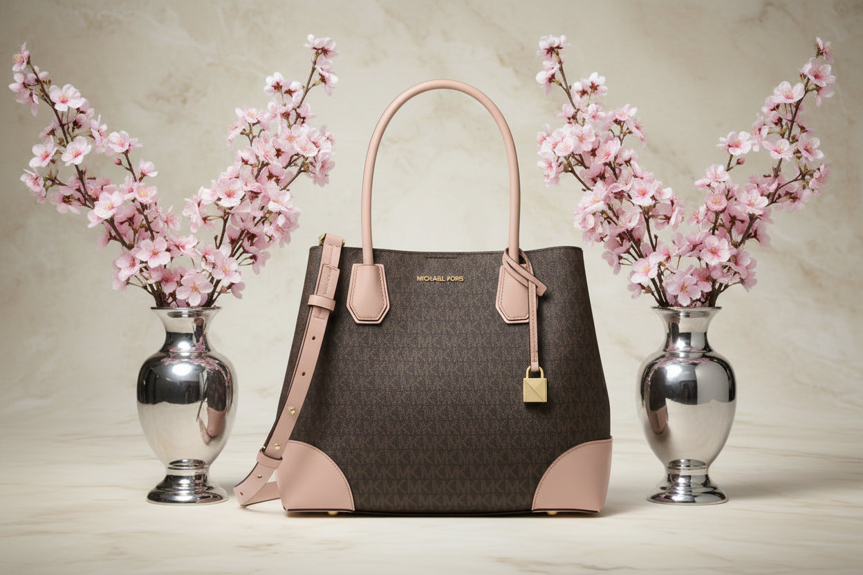 MICHAEL KORS MERCER GALLERY MEDIUM LOGO SATCHEL BAG - BROWN/SOFT PINK