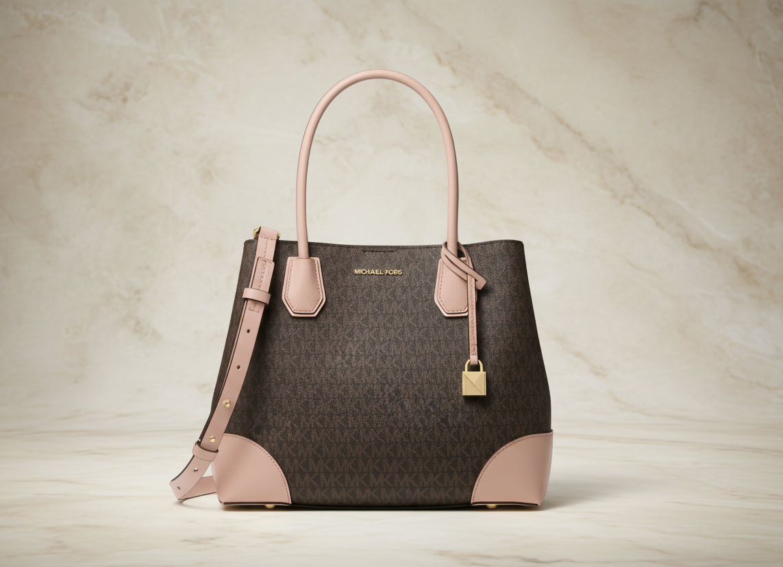 MICHAEL KORS MERCER GALLERY MEDIUM LOGO SATCHEL BAG - BROWN/SOFT PINK