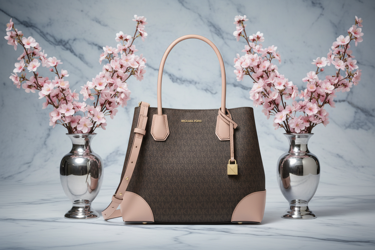MICHAEL KORS MERCER GALLERY MEDIUM LOGO SATCHEL BAG - BROWN/SOFT PINK