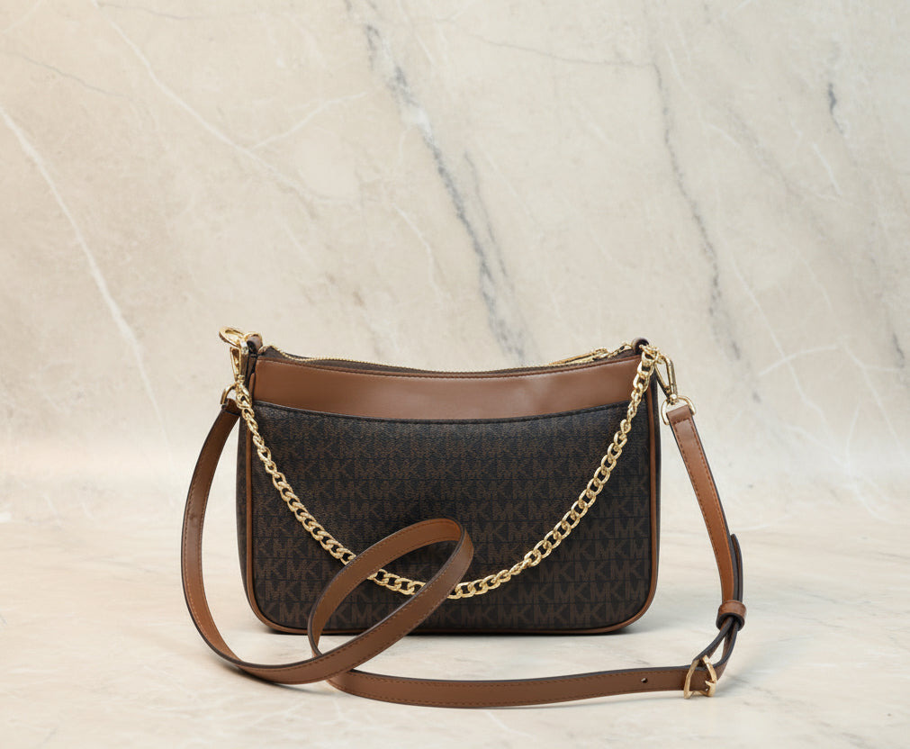 MICHAEL KORS JET SET LOGO CHAIN CROSSBODY SMALL IN SIGNATURE BROWN