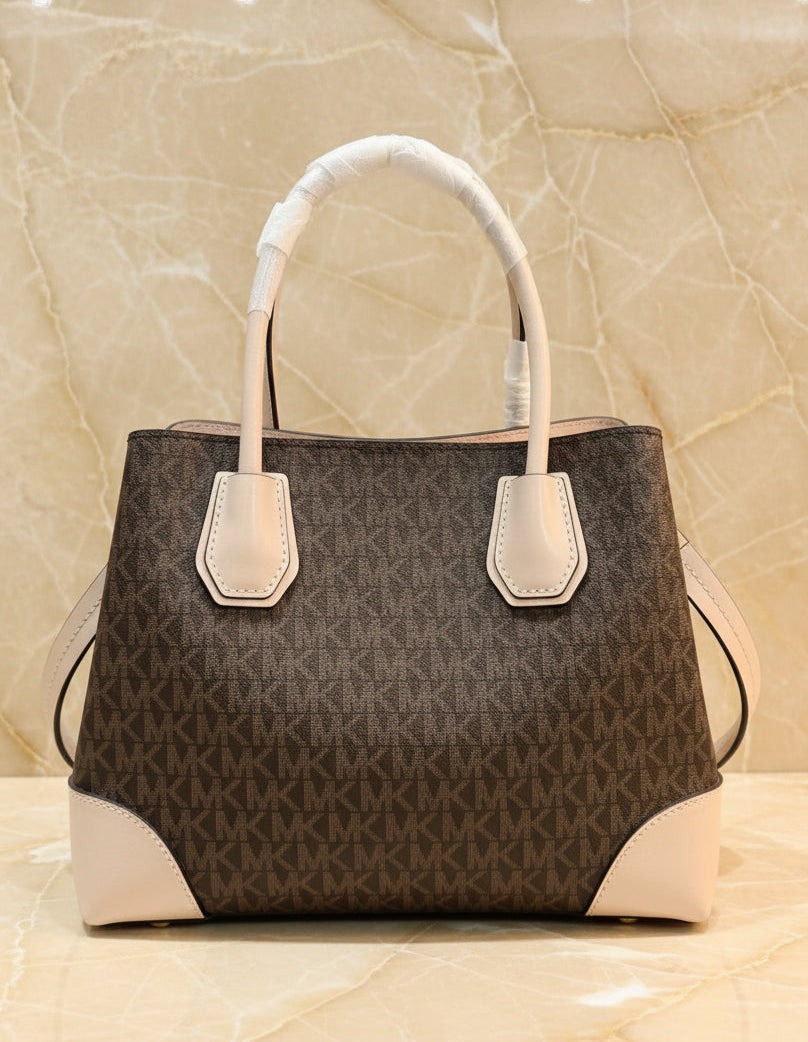MICHAEL KORS MERCER GALLERY MEDIUM LOGO SATCHEL BAG - BROWN/SOFT PINK