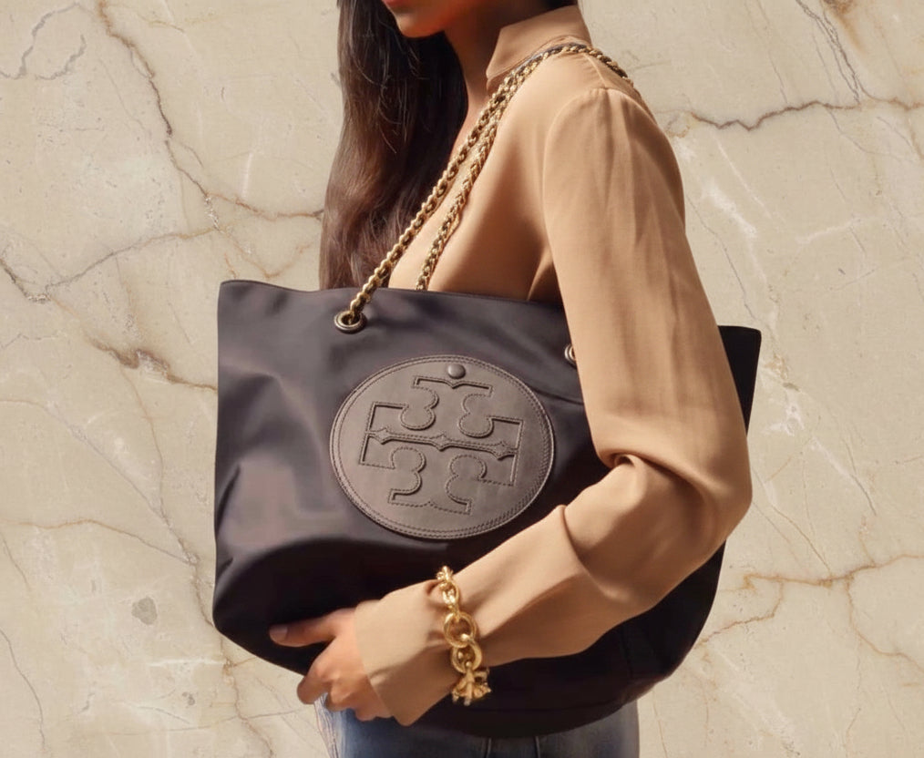 TORY BURCH ELLA PUPPY MAGNETIC CLOSURE CHAIN TOTE - BLACK