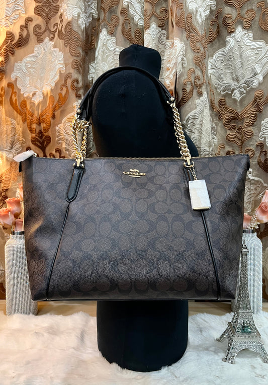 COACH AVA LARGE ZIP TOP TOTE IN SIGNATURE BLACK BROWN