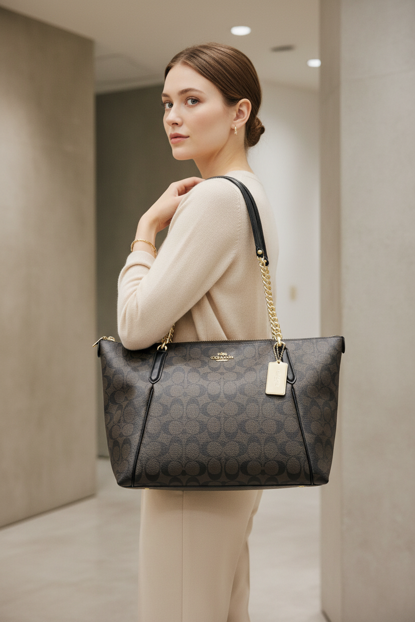 COACH AVA LARGE ZIP TOP TOTE IN SIGNATURE BLACK BROWN