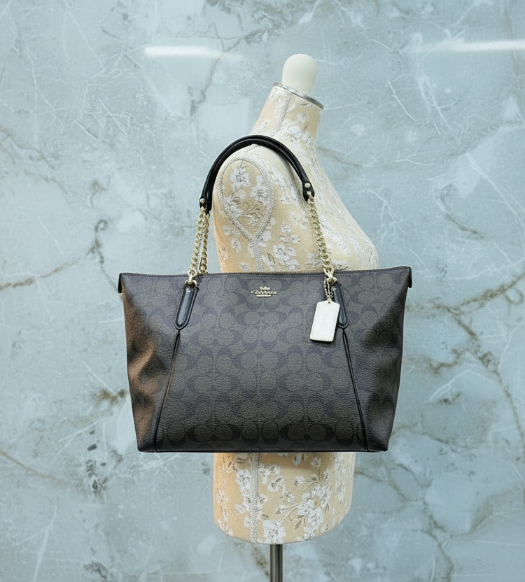 COACH AVA LARGE ZIP TOP TOTE IN SIGNATURE BLACK BROWN