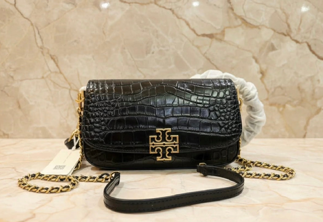 TORY BURCH EMBOSSED CROC BRITTEN CONVERTIBLE SHOULDER BAG/XBODY BAG - BLACK