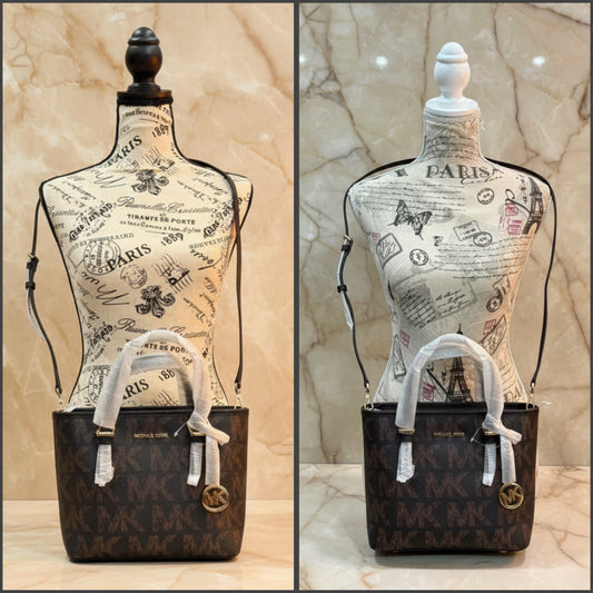 MICHAEL KORS JET SET TRAVEL ZIP TOTE XS LOGO BLACK BROWN COLOR